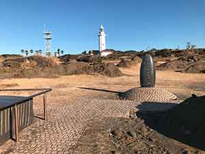 遠くから見た野島崎灯台と周辺の公園